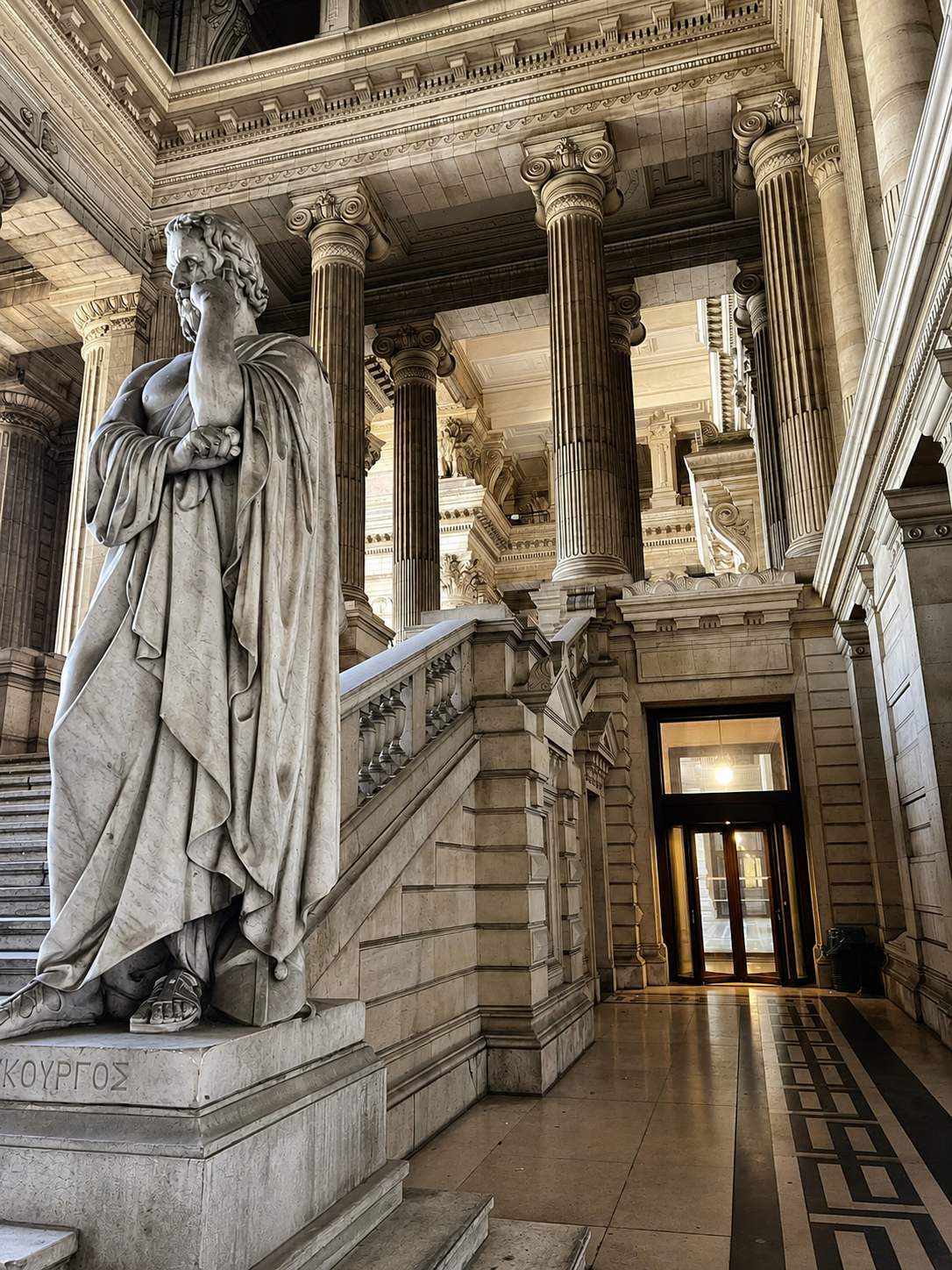 Statue, escalier et colonnades à l’intérieur du Palais de Justice de Bruxelles